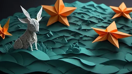 Prompt: 3d, ocean of stars, paper work, origami,  ink lines, and orange with teal, rough-textured colored paper, masterpiece, handmade, unreal engine 5, 