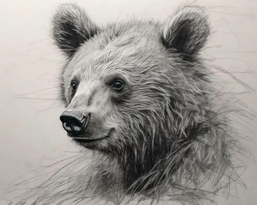 Prompt: Drawing of a bear cub, scribbles, messy lines, ballpoint pen, monochrome, detailed fur, playful expression, artistic, sketchy style, cool tones, low lighting