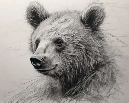 Prompt: Drawing of a bear cub, scribbles, messy lines, ballpoint pen, monochrome, detailed fur, playful expression, artistic, sketchy style, cool tones, low lighting