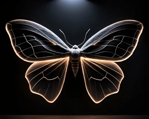 Prompt: Minimalistic giant moth light painting, elegant line design, black backdrop, high quality, light painting, minimalistic, elegant, giant moth, black backdrop, detailed lines, artistic, exquisite, serene atmosphere, professional, atmospheric lighting