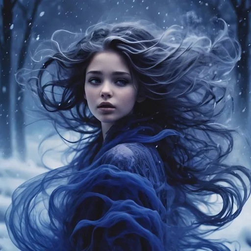 Prompt:  a young girl, her hair is Freeform smoke which flows  and swirls about her, beautiful dark chaos, swirling tones of black, cobalt and deep purple, she stands in a blue mist, snow falls all around her
