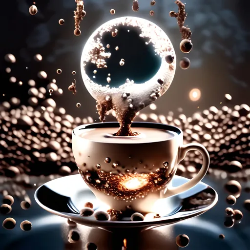 Prompt: a surreal scene reminiscent of Salvador Dalí's style, a 3D moon delicately dipped in half into a cup of coffee. The coffee's surface should exude a shiny, liquid quality, bathed in the silver sheen of moonlight. Capture this dream-like composition through the lens of a wide-angle camera with a 90-degree field of view,  surrealism, romanticism, Salvador Dalí style vision, surrealist, dreamlike, precise,