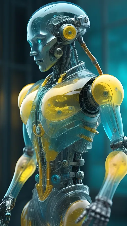 Prompt: rendering, side shot, A detailed and vibrant transparent glass sculpture of  falf-strange body with complex system equipment with hyper detail robot, gaze, sci-fi, gloomy environment, intricate details, surreal, colorful background, foggy with light shader, cyan and yellow illuminations, dramatic lighting, RTX shader, hyper detail texture with reflection, HDRI, cyborg, grunge, bolt, UHD