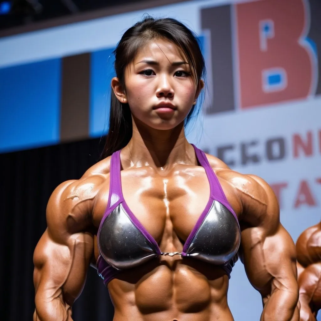 Prompt: Young asian teen girl bodybuilder, she have unrealistically giant muscles, unrealistically giant latisimus muscles, latisimus spreading, big veins, at contest, surrounded by people, wet skin