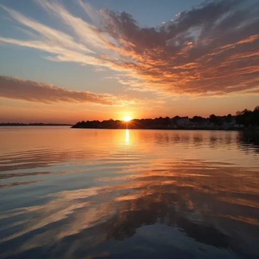 Prompt: Draw me a beautiful sunset over the waters, where the waters are a ripply gentle breeze and the sun is casting magnificent shadows over the water
