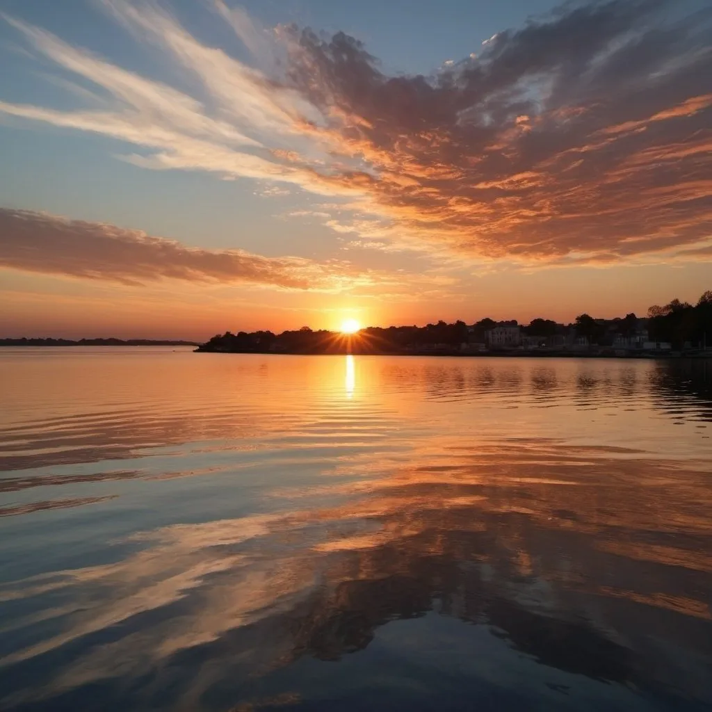 Prompt: Draw me a beautiful sunset over the waters, where the waters are a ripply gentle breeze and the sun is casting magnificent shadows over the water
