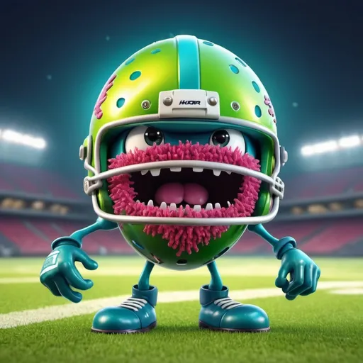 Prompt: (animated bacteria character), vibrant colors, cartoonish style, dynamic expression, wearing a shiny football helmet, playful attitude, detailed background of a football field, energetic atmosphere, anthropomorphic features, exaggerated proportions, high quality, ultra-detailed, whimsical concept, honor of sports themes.