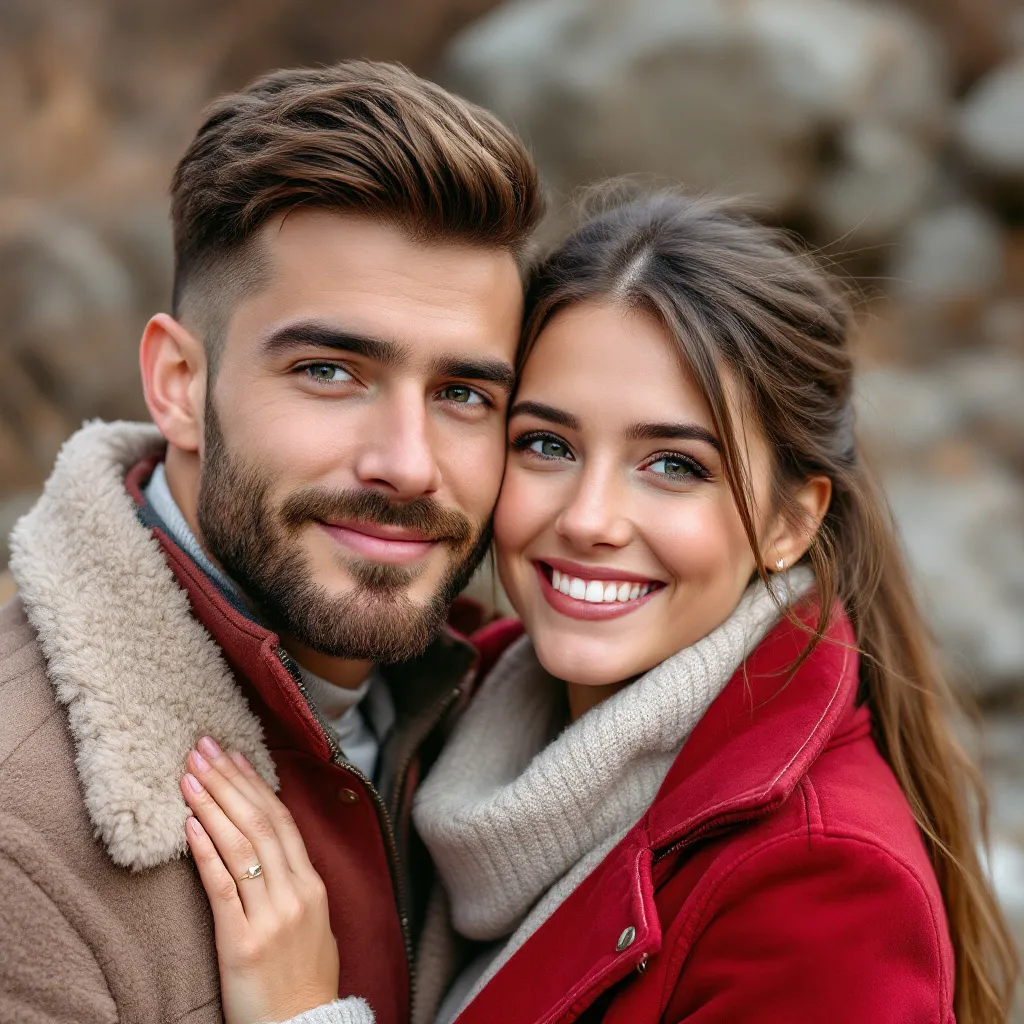 Prompt: A young couple captures a moment of affection, their faces close together and illuminated by natural light. The male figure sports a stylish hairstyle and a light beard, with an expression of calm contentment, while the female figure beams with a soft smile, her long hair neatly tied back. She is dressed in a cozy red jacket with a furry collar, paired with a light-colored sweater underneath, signaling a cool outdoor setting. The background features a natural landscape with dry foliage and rocky surfaces, hinting at a serene atmosphere. The overall scene conveys warmth and intimacy, marking a cherished memory between the two individuals.