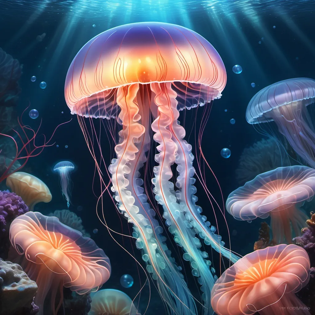 Prompt: "A captivating underwater scene featuring a luminous jellyfish with long, flowing, colorful tentacles. The jellyfish glows softly, surrounded by delicate, transparent bubbles that reflect light in a dreamy, iridescent manner. The background showcases a serene deep-sea atmosphere with soft brushstrokes depicting coral reefs, rocks, and subtle aquatic plants in pastel shades. The overall palette emphasizes rich blues, purples, and light greens, creating an enchanting and otherworldly underwater environment. The scene has a magical and artistic quality, with an ethereal play of light and shadow across the seascape."







