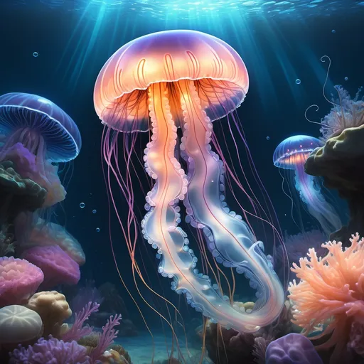 Prompt: "A captivating underwater scene featuring a luminous jellyfish with long, flowing, colorful tentacles. The jellyfish glows softly, surrounded by delicate, transparent bubbles that reflect light in a dreamy, iridescent manner. The background showcases a serene deep-sea atmosphere with soft brushstrokes depicting coral reefs, rocks, and subtle aquatic plants in pastel shades. The overall palette emphasizes rich blues, purples, and light greens, creating an enchanting and otherworldly underwater environment. The scene has a magical and artistic quality, with an ethereal play of light and shadow across the seascape."







