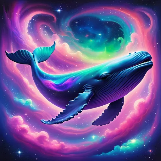 Prompt: "An ethereal, cosmic whale gracefully floating through a vibrant, dreamlike nebula. The whale's body shimmers with neon and iridescent hues, blending shades of purple, blue, pink, and green, resembling the colors of a galaxy. Surrounding the whale are swirling clouds of stardust, glowing particles, and soft, colorful gradients, creating a surreal and otherworldly atmosphere. The background is a star-filled expanse, with delicate hints of cosmic phenomena such as distant planets and luminous auroras. The overall scene conveys a sense of magic, wonder, and harmony with the universe, painted in a style that combines fantasy art and psychedelic vibrancy."








