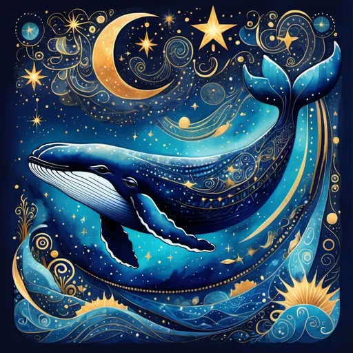 Prompt: "A dreamy and artistic illustration of a whale swimming gracefully through a celestial underwater universe. The whale is painted in vibrant shades of deep blue, adorned with glowing golden star-like patterns and geometric shapes, giving it an ethereal, cosmic appearance. Surrounding the whale are delicate, swirling waves and clouds that blend seamlessly with a starlit sky. A glowing crescent moon with intricate golden details dominates the backdrop, accompanied by sparkling stars and celestial motifs. The overall palette features rich blues, purples, and shimmering gold accents, creating a magical and otherworldly composition framed by ornate golden lines."






