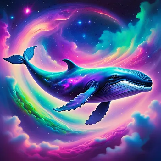 Prompt: "An ethereal, cosmic whale gracefully floating through a vibrant, dreamlike nebula. The whale's body shimmers with neon and iridescent hues, blending shades of purple, blue, pink, and green, resembling the colors of a galaxy. Surrounding the whale are swirling clouds of stardust, glowing particles, and soft, colorful gradients, creating a surreal and otherworldly atmosphere. The background is a star-filled expanse, with delicate hints of cosmic phenomena such as distant planets and luminous auroras. The overall scene conveys a sense of magic, wonder, and harmony with the universe, painted in a style that combines fantasy art and psychedelic vibrancy."








