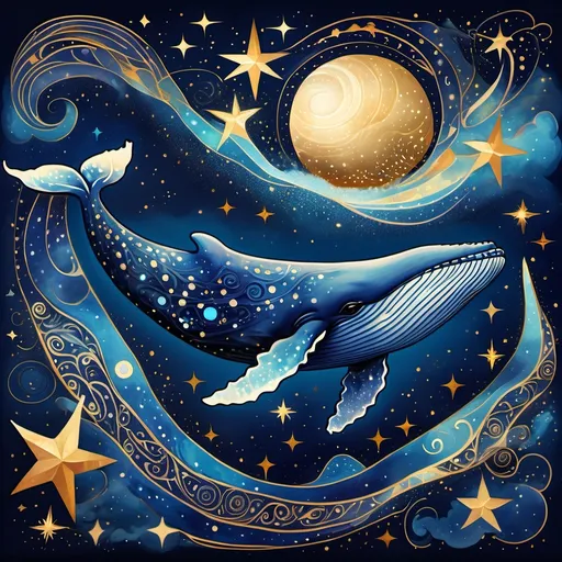 Prompt: "A dreamy and artistic illustration of a whale swimming gracefully through a celestial underwater universe. The whale is painted in vibrant shades of deep blue, adorned with glowing golden star-like patterns and geometric shapes, giving it an ethereal, cosmic appearance. Surrounding the whale are delicate, swirling waves and clouds that blend seamlessly with a starlit sky. A glowing crescent moon with intricate golden details dominates the backdrop, accompanied by sparkling stars and celestial motifs. The overall palette features rich blues, purples, and shimmering gold accents, creating a magical and otherworldly composition framed by ornate golden lines."






