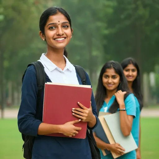 Prompt: Portrait of a young beautiful Indian female student with books at the campus looking in front with smiling face