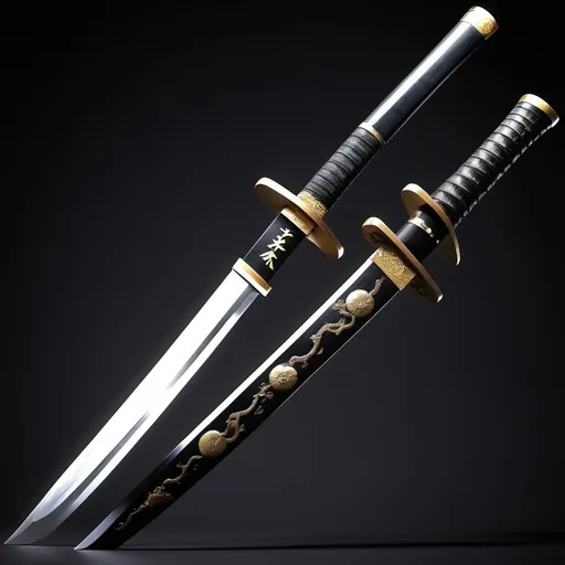 Prompt: A detailed Japanese Katana with a White blade and a special hilt. It is Radiating some sort of Black Lightning called Haki. its name is su wito dishieesu