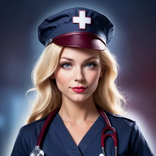 Prompt: Beautiful blonde female superhero nurse, navy blue uniform, maroon stethoscope, saving lives and caring for patients, high quality, heroic, professional, bright and vibrant colors, detailed facial features, dynamic composition, atmospheric lighting