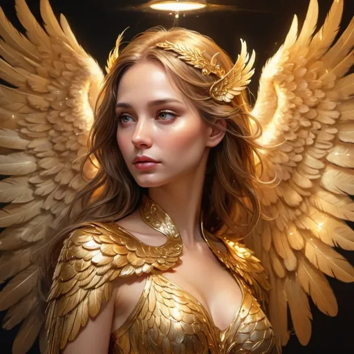 Prompt: Gold female phoenix with human face and angel wings, shiny, glittering, majestic, high quality, oil painting, detailed feathers, ethereal lighting, fantasy, mythical, regal, shimmering, professional, warm tones, dramatic lighting, 4k, ultra-detailed, phoenix, human-like face, angelic wings, majestic, golden, mythical creature, oil painting, fantasy art, detailed feathers, shimmering, regal, ethereal lighting, facing the left