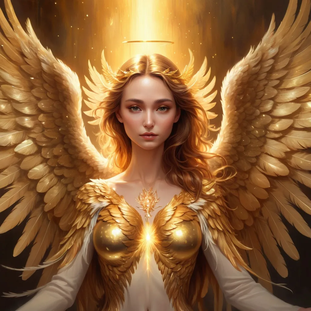 Prompt: Gold female phoenix with human face and angel wings, shiny, glittering, majestic, high quality, oil painting, detailed feathers, ethereal lighting, fantasy, mythical, regal, shimmering, professional, warm tones, dramatic lighting, 4k, ultra-detailed, phoenix, human-like face, angelic wings, majestic, golden, mythical creature, oil painting, fantasy art, detailed feathers, shimmering, regal, ethereal lighting