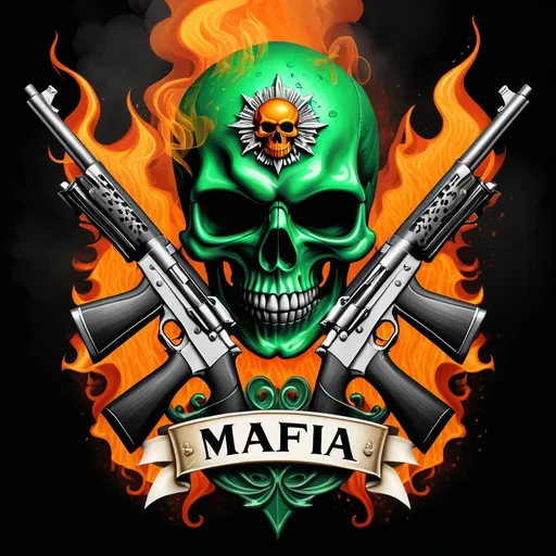 Prompt: (emblem style skull), (crossed rifles), plaque saying "(accurately spelled text "Mafia")", (fancy bold letters), (green and orange flames seeping from eyes), (smoke billowing dramatically), intricate details, dark background for contrast, vibrant fiery colors, high depth cinematic qualities, ultra-detailed, striking gaze, gothic elements, tension-filled atmosphere, presenting a powerful and menacing aura.