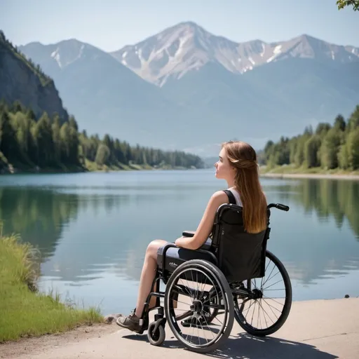 Prompt: young 20s girl, looking for boyfriend, sitting in action3 NG lite wheelchair, dreaming about wheelchair guy, looking out over lake, mountains in background