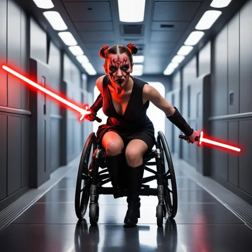 Prompt: young 20s girl, action3 NG lite wheelchair, hidden cleavage, ,in hallway of star destroyer, hotdog in each hand, lightsabers, jedi sith battle in background, darth maul front_flipping