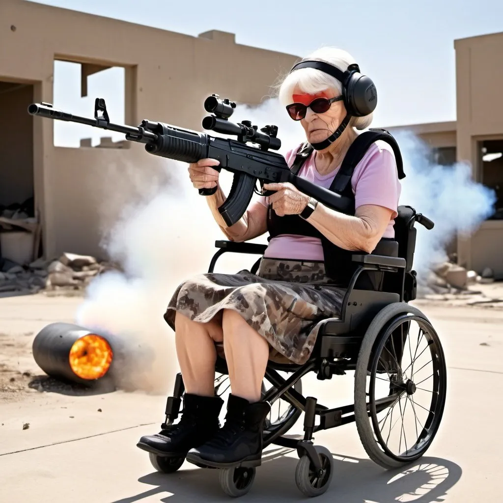 Prompt: old lady, shooting ak47 with a comically large silencer, in a action3 lite ng wheelchair, tactical helmet, laser sight, battle scar, buccees in background, cleavage
