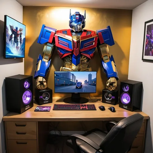 Prompt: optimus prime, twitch streamer, cool gaming setup, gold chain, art on wall, 24 inch monitor