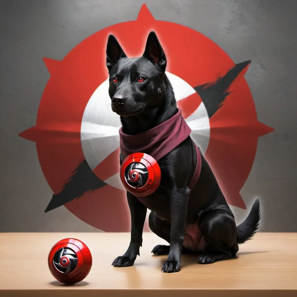 Prompt: dog with sharingan, ninja shuriken, naruto, devil_fruit, ninja in background dog