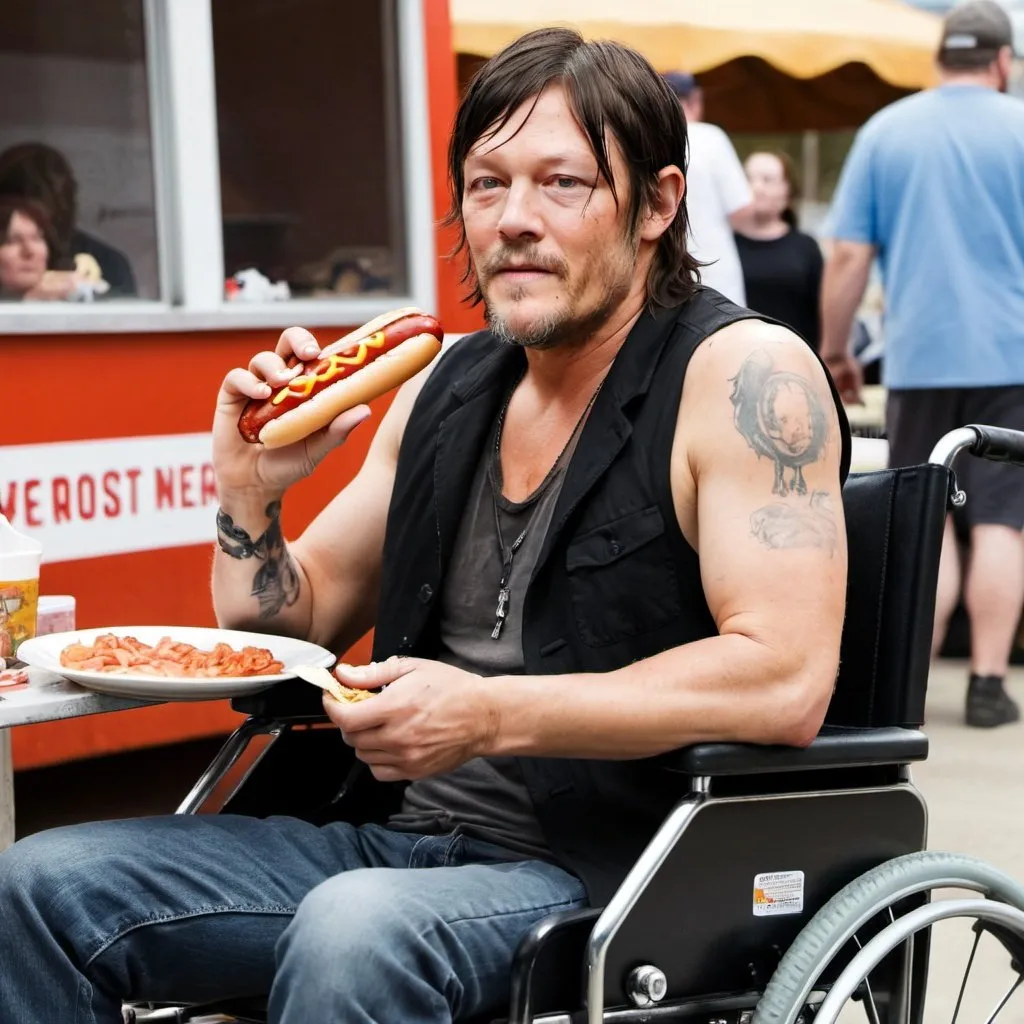 Prompt: norman reedus, revealing cleavage, sitting in wheelchair, eating hotdog