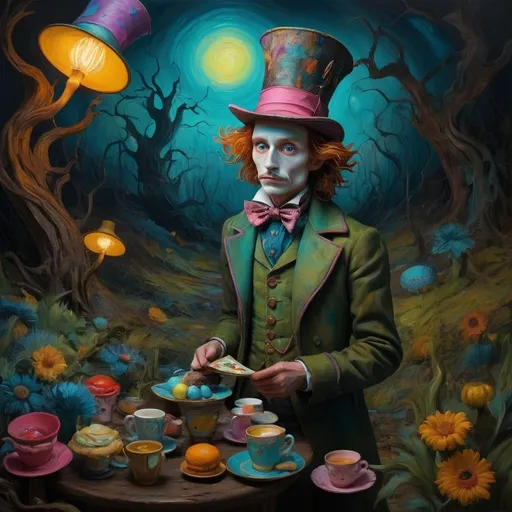 Prompt: Tim Barton exploring a surreal Wonderland, vibrant colors resembling Van Gogh's style, eerie and dark atmosphere inspired by the Mad Hatter, whimsical nature, high quality, Von Gogh, dark vibes, surreal, nature, Wonderland, eerie atmosphere, vibrant colors, Tim Burton, whimsical, detailed, professional lighting, oil painting, surrealism