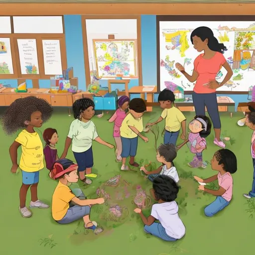 Prompt: Imagine an illustration featuring a diverse group of children engaged in various hands-on activities, such as collaborative projects, exploration, and experiential learning. The scene could depict a classroom environment where the teacher acts more as a facilitator, guiding and supporting the children's curiosity and interests. The emphasis is on personalized learning, with children pursuing topics that interest them, fostering creativity, critical thinking, and social skills. The illustration might also highlight a joyful and inclusive atmosphere, where the learning environment is seen as a community that respects and values each child's unique perspective and abilities.


