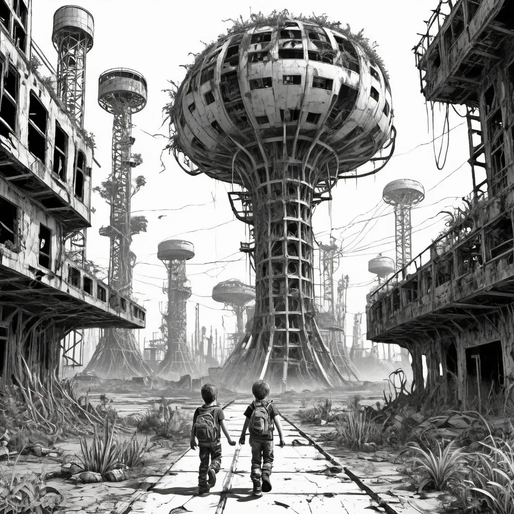 Prompt: 4 kids walking in a post apocalyptic world with plant overuning modern infrastucture 