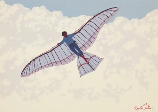Prompt: Soaring high against a lightly hued backdrop of soft blue skies and fluffy clouds, a man glides gracefully, arms outstretched as if embracing the freedom of flight. The character, silhouetted against the bright sky, contrasts with the vibrant wings, which are translucent blue with horizontal interior bracing, giving an ethereal quality to the image. The composition captures a sense of movement and serenity, evoking feelings of exploration and adventure in a dreamlike environment. Light pastel tones in the clouds and sky enhance the whimsical atmosphere, suggesting a peaceful moment high above the world below. Overall, the artwork conveys a narrative of liberation and the joy of transcendence.