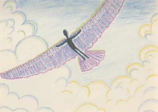 Prompt: Soaring high against a lightly hued backdrop of soft blue skies and fluffy clouds, a man glides gracefully, arms outstretched as if embracing the freedom of flight. The character, silhouetted against the bright sky, contrasts with the vibrant wings, which are translucent blue with horizontal interior bracing, giving an ethereal quality to the image. The composition captures a sense of movement and serenity, evoking feelings of exploration and adventure in a dreamlike environment. Light pastel tones in the clouds and sky enhance the whimsical atmosphere, suggesting a peaceful moment high above the world below. Overall, the artwork conveys a narrative of liberation and the joy of transcendence.