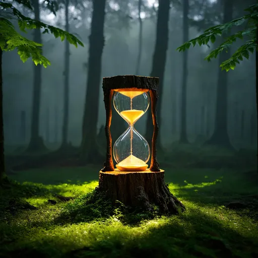 Prompt: A photorealistic hourglass carved out of a tree stump surrounded by dark green foliage in a foggy, shadowy forest.