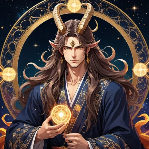 Prompt: tarot card Anime illustration, a handsome long haired male, detailed ornate cloth robe, Avatar of the constellation Aries, dramatic lighting