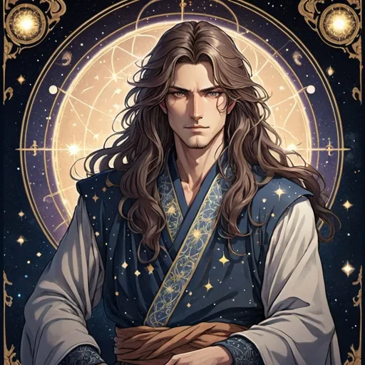 Prompt: tarot card Anime illustration, a handsome long haired male, detailed ornate cloth robe, Avatar of the constellation Aries, dramatic lighting