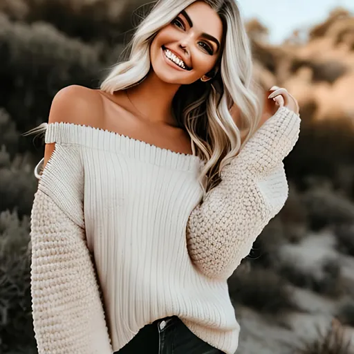 Prompt: Photo realistic supermodel ((Marina Laswick)) with beautiful eyes and a flirty smile, woman wearing black, oversized off the shoulder a sweater and holding so it it’s at the bottom center of image, mug mock-up, flowing and wavy auburn hair, light colored bocca dreamy fall  background, Chiaroscuro. soft and romantic feel, emphasizing their beauty and grace, Highly detailed. Realistic. By Steve Henderson, Anna Rose Bain, Emerico Emre Toth, Guillaume Seignac, 