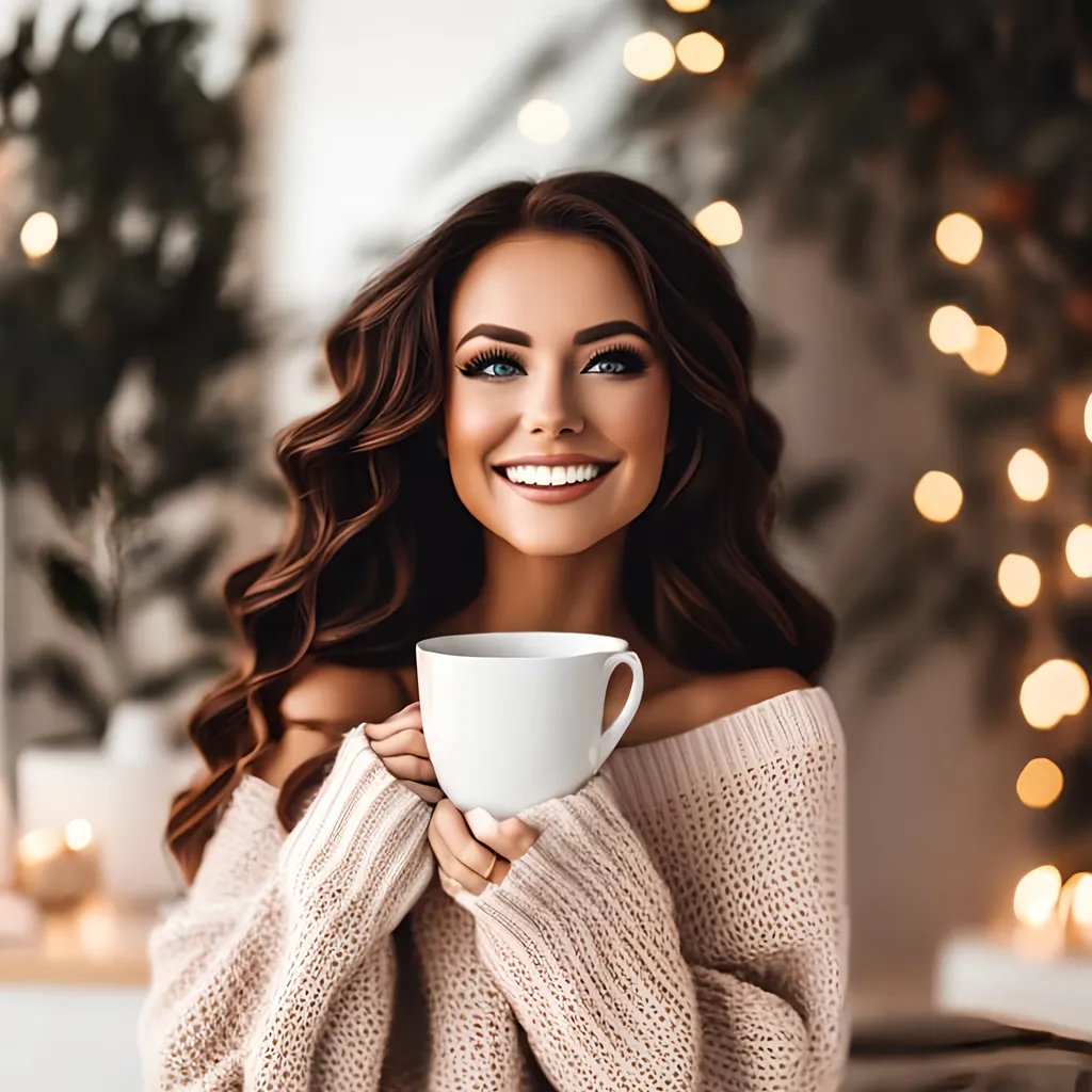 Prompt: Photo realistic close up a white coffee cup that’ being held in front of a gorgeous young with beautiful eyes and a flirty smile, woman wearing black, oversized off the shoulder a sweater and holding so it it’s at the bottom center of image, mug mock-up, flowing and wavy auburn hair, light colored bocca dreamy fall  background, Chiaroscuro. soft and romantic feel, emphasizing their beauty and grace, Highly detailed. Realistic. By Steve Henderson, Anna Rose Bain, Emerico Emre Toth, Guillaume Seignac, 