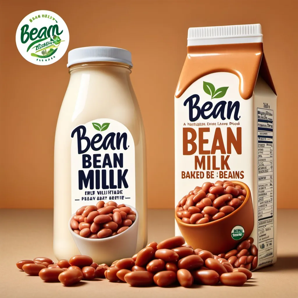 Prompt: An advertisement for a vegetarian dairy alternative product called Bean milk made from baked beans