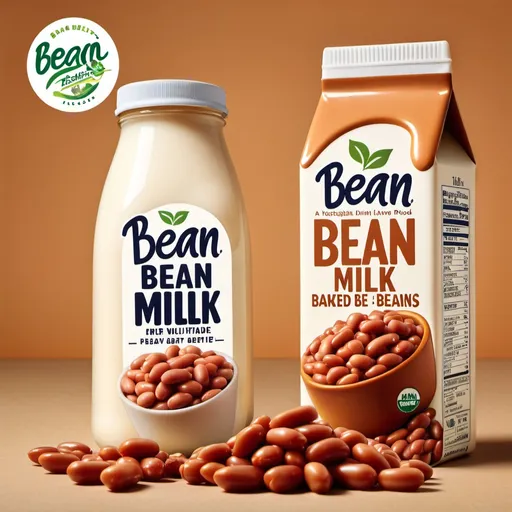 Prompt: An advertisement for a vegetarian dairy alternative product called Bean milk made from baked beans