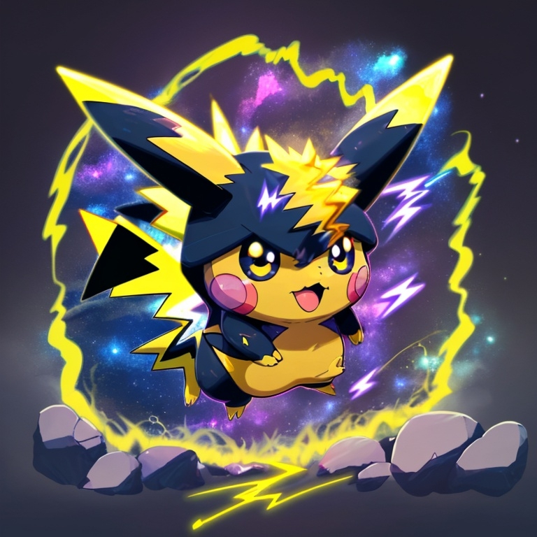 Prompt: Pokemon Pikachu, Pokemon Art Style, Wallpaper, Cartoon, (Pokemon Style), Draw Style, (Cartoon) Drawn, Digital Art, (Mouth in Lightning Shape), Pokemon Yellow, galaxy background, purple and yellow scenario , Pokemon Mimikyo --auto