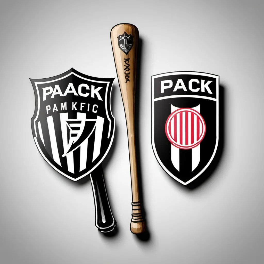 Prompt: PAOK FC BADGE BEATING OLYMPIACOS FC BADGE WITH A BASEBALL BAT