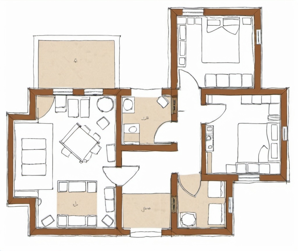 Prompt: Clear current interior wall of floor plan attached. Recreate the outside frame and populate interior walls for a space saving smart floorplan for a 115 square meter apartment on the third and last floor of building. Building is inside a vacation complex in Ras El Hikma Egypt. Floor plan to sleep 6+ people and functions as vacation rental. Furniture includes a bunk bed with underbed, one queen bed and one twin bed.