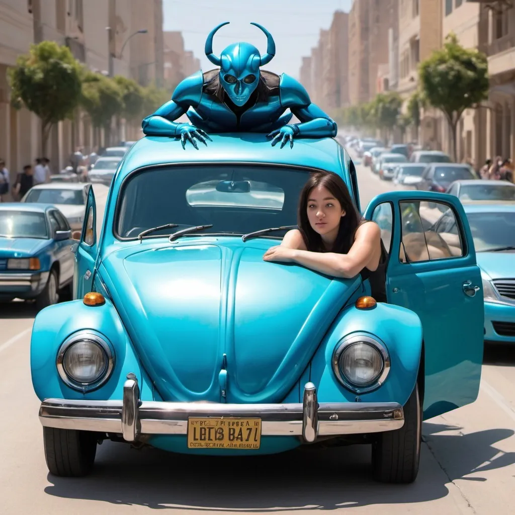 Prompt: Art, skyblue beetle car with a woman stuck inside the car