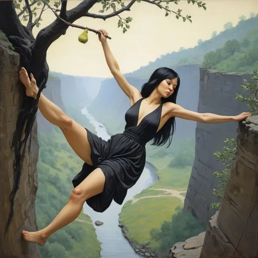 Prompt: Painting. A woman with black straight hair and pear shaped body is hanging off a tree branch over a deep ravine.