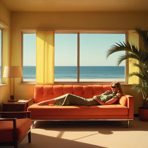 Prompt: Edward Hopper style,Mid-Century Modern furniture, A combination of multiple low saturation color blocks,psychedelic, soviet minimalism,play with light and shadow,setting sun,villas,cat,living room,office,library, vogue woman,ocean,palm,80s car,taken with hasselblad XD1, 400mm lens, film grain --no filte