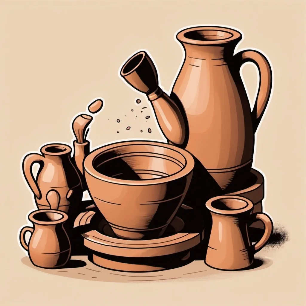 Prompt: A visual illustration (cartoonic) of pottery with wheel and hand and a mug that is being made with the pottery wheel