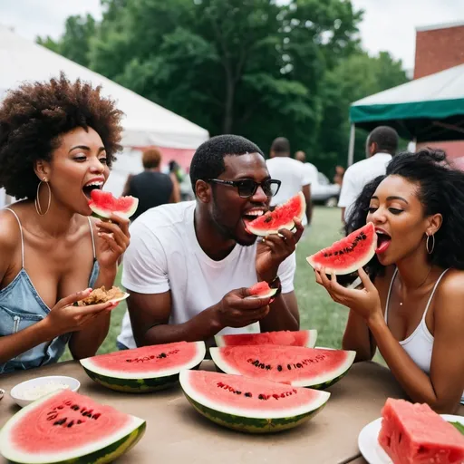 Prompt: Black people eating watermelon and fried chicken